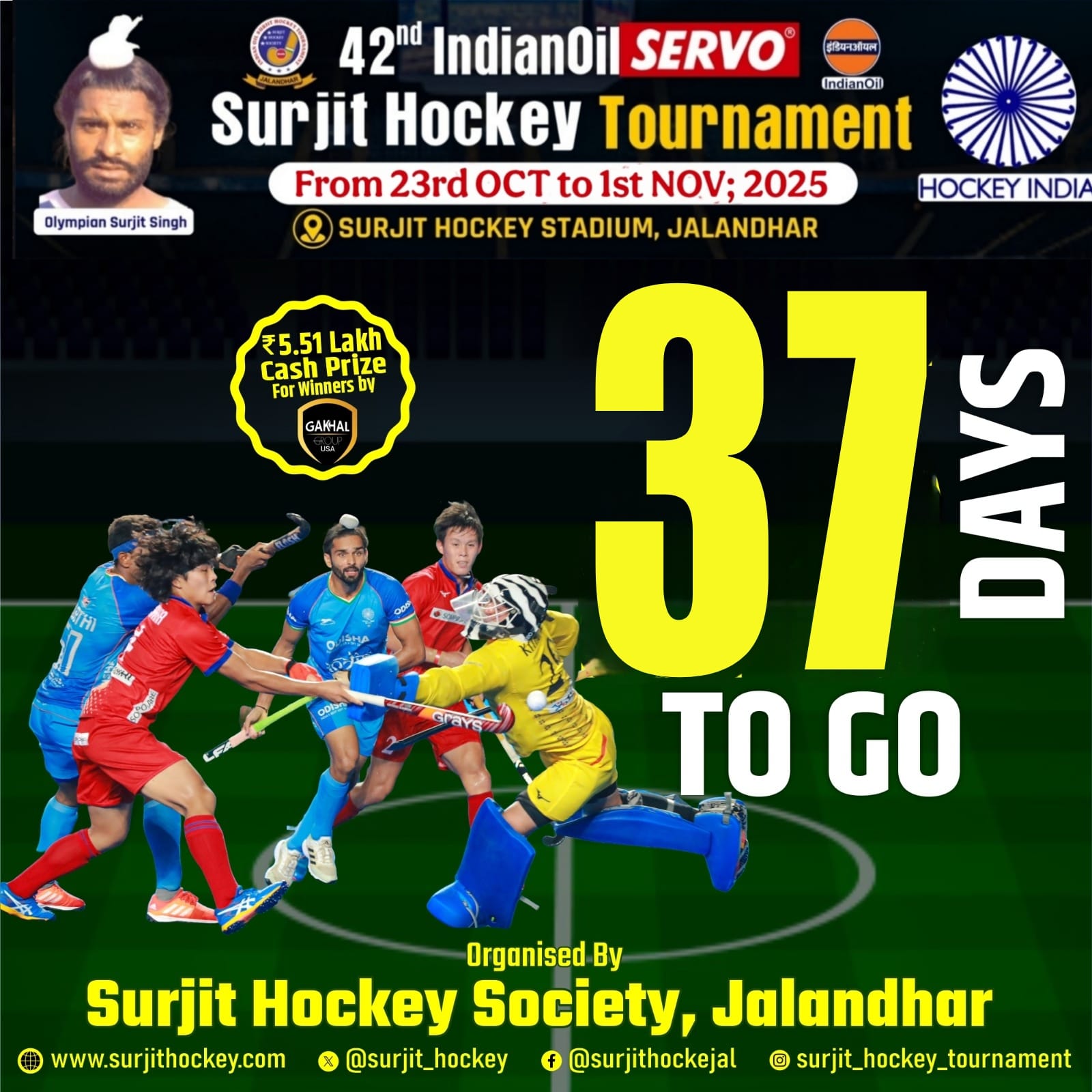 37 days to go to 42nd indian oil Servo Surjit hockey Tournament 2025